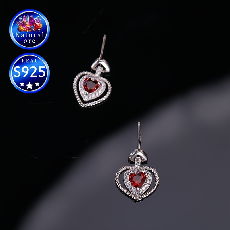 Heart-Shaped Red Garnet Silver Earrings